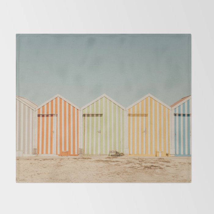 Pastel Candy Striped Beach Huts - summer beach photography by Ingrid Beddoes Throw Blanket Gallery Image 2