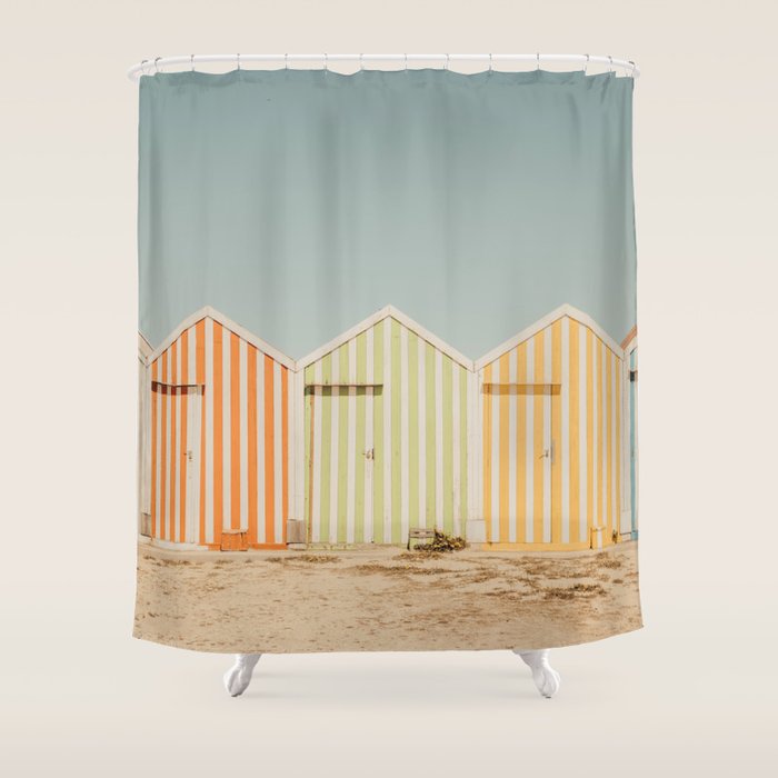Pastel Candy Striped Beach Huts - summer beach photography by Ingrid Beddoes Shower Curtain Gallery Image 1