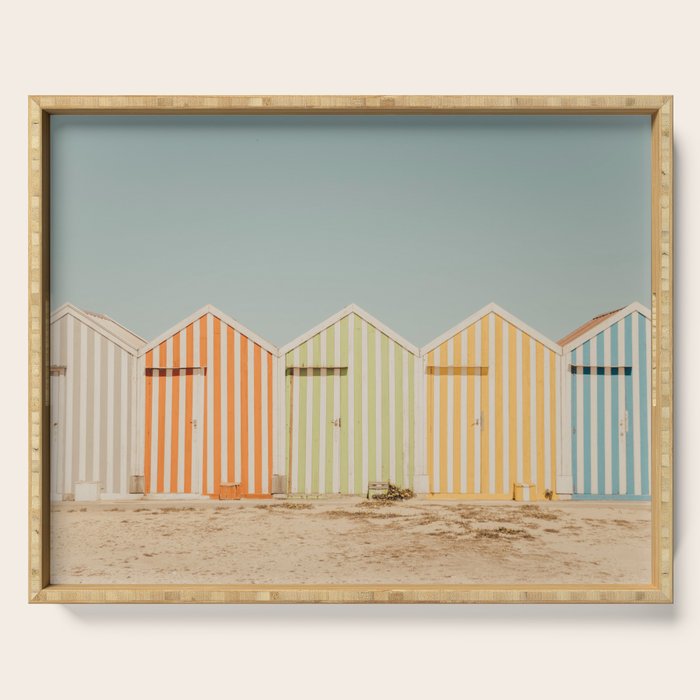 Pastel Candy Striped Beach Huts - summer beach photography by Ingrid Beddoes Serving Tray Gallery Image 1