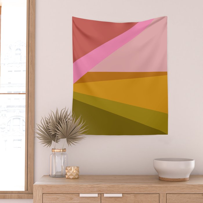 Colorful Geometric Abstract in Pink, Mustard, and Green Wall Tapestry Gallery Image 2