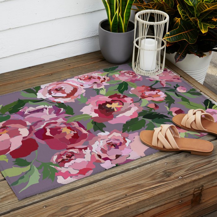 Happy peony lilac background Outdoor Rug Gallery Image 2