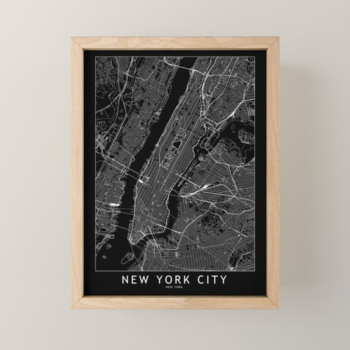 New York City Black Map Mini Art Print Gallery Image 1