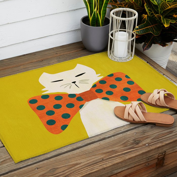 Cat with incredebly oversized humongous bowtie Outdoor Rug Gallery Image 2