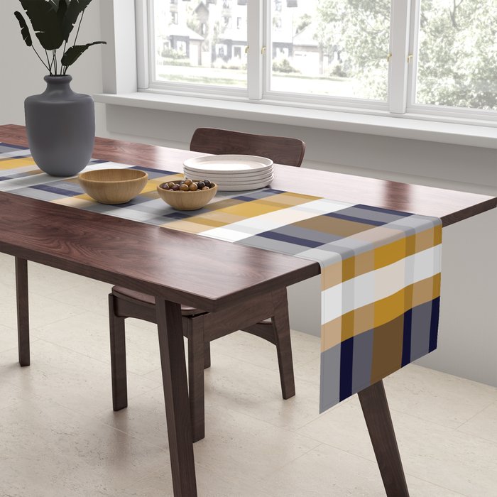 Modern Retro Plaid in Mustard Yellow, White, Navy Blue, and Grey Table Runner Gallery Image 2