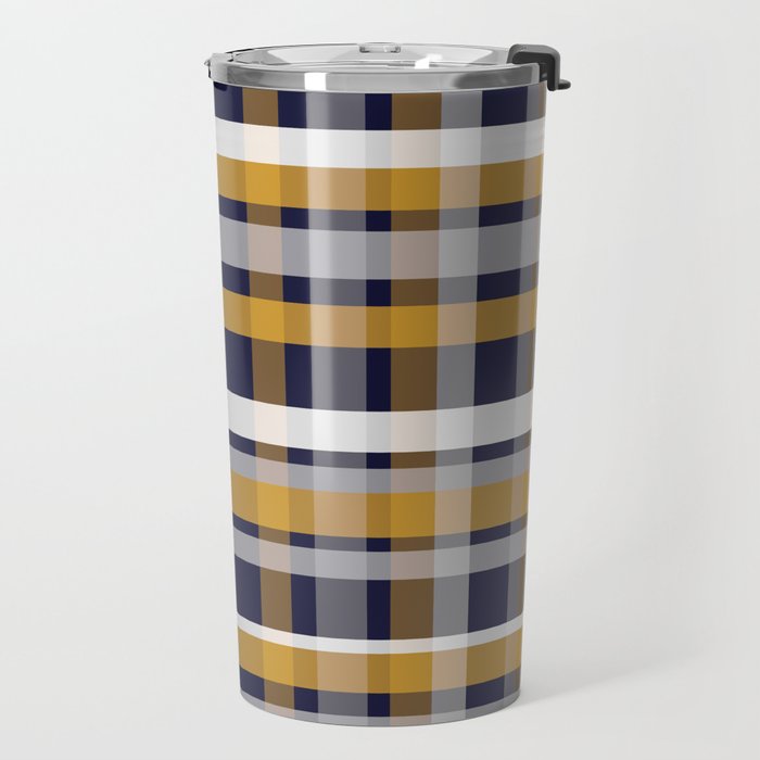 Modern Retro Plaid in Mustard Yellow, White, Navy Blue, and Grey Travel Mug Gallery Image 2