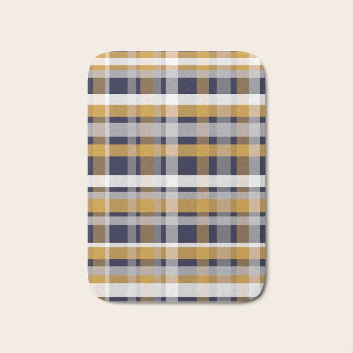 Modern Retro Plaid in Mustard Yellow, White, Navy Blue, and Grey Bath Mat Gallery Image 1