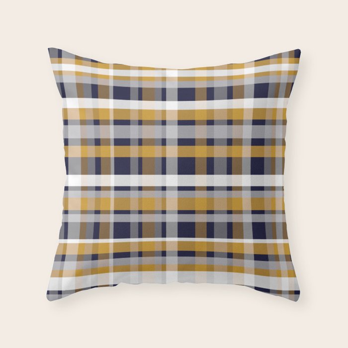 Modern Retro Plaid in Mustard Yellow, White, Navy Blue, and Grey Throw Pillow Gallery Image 1