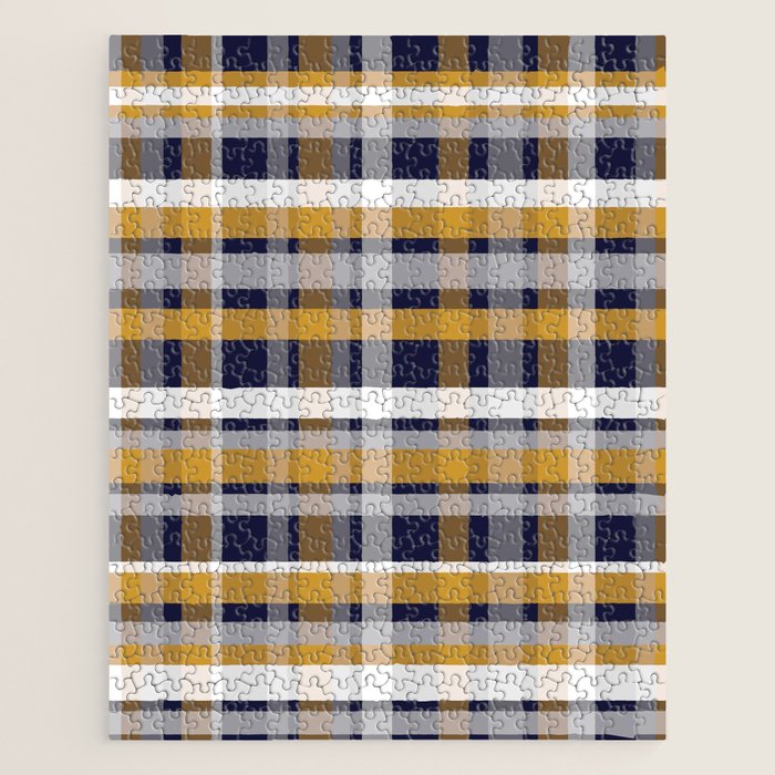 Modern Retro Plaid in Mustard Yellow, White, Navy Blue, and Grey Jigsaw Puzzle Gallery Image 1