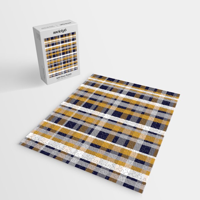 Modern Retro Plaid in Mustard Yellow, White, Navy Blue, and Grey Jigsaw Puzzle Gallery Image 2