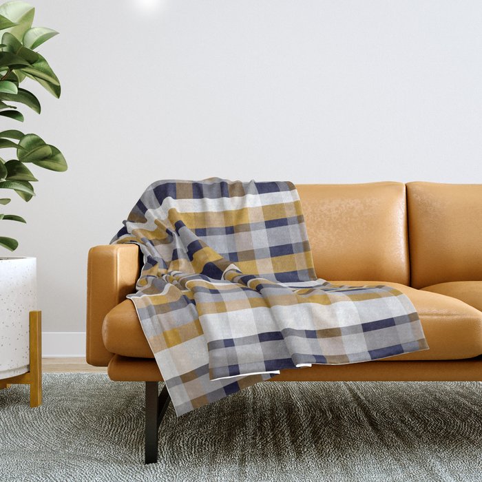 Modern Retro Plaid in Mustard Yellow, White, Navy Blue, and Grey Throw Blanket Gallery Image 1