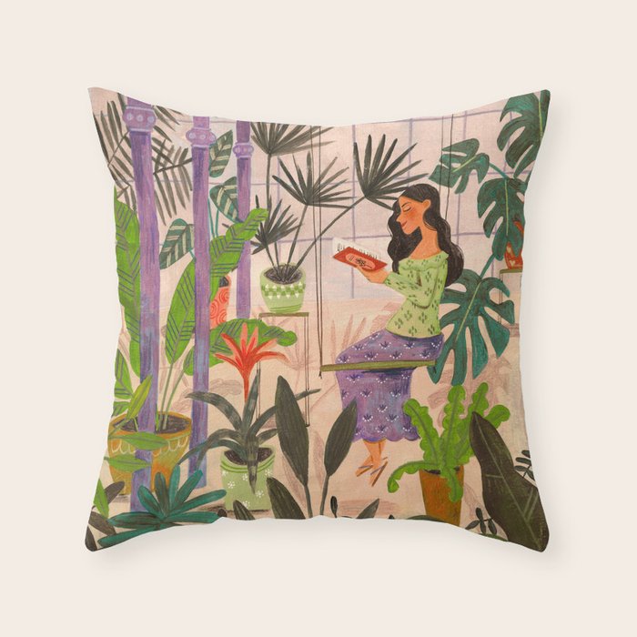 Very Peri plant lady mindful gardening greenhouse jungle | Caroline Bonne Muller Throw Pillow Gallery Image 1