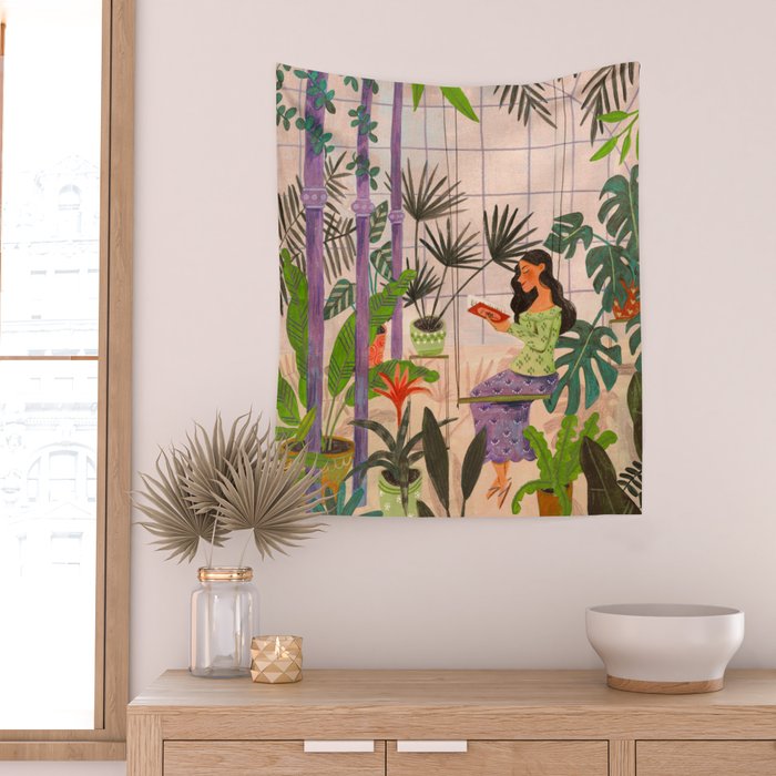 Very Peri plant lady mindful gardening greenhouse jungle | Caroline Bonne Muller Wall Tapestry Gallery Image 2