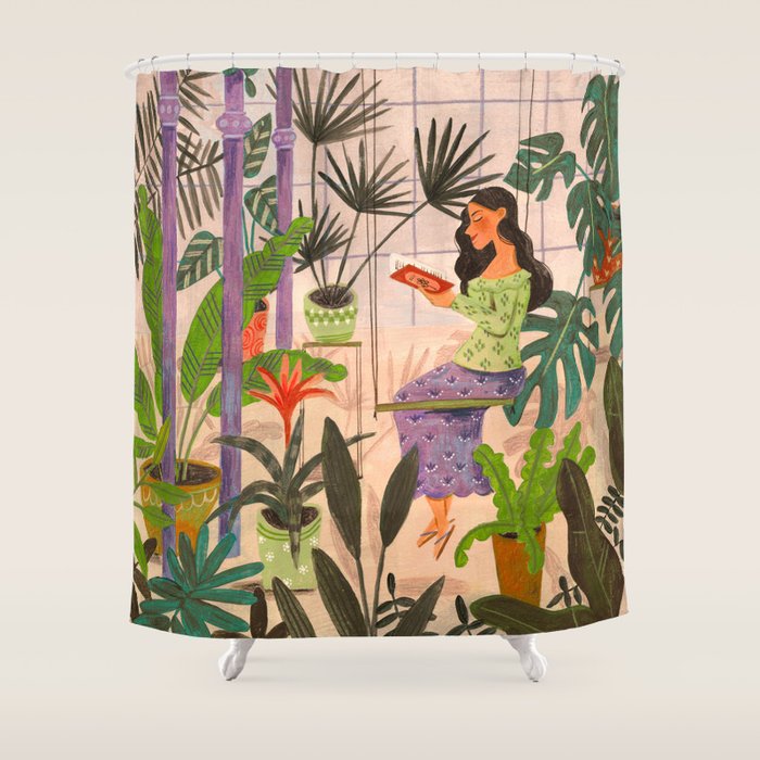 Very Peri plant lady mindful gardening greenhouse jungle | Caroline Bonne Muller Shower Curtain Gallery Image 1
