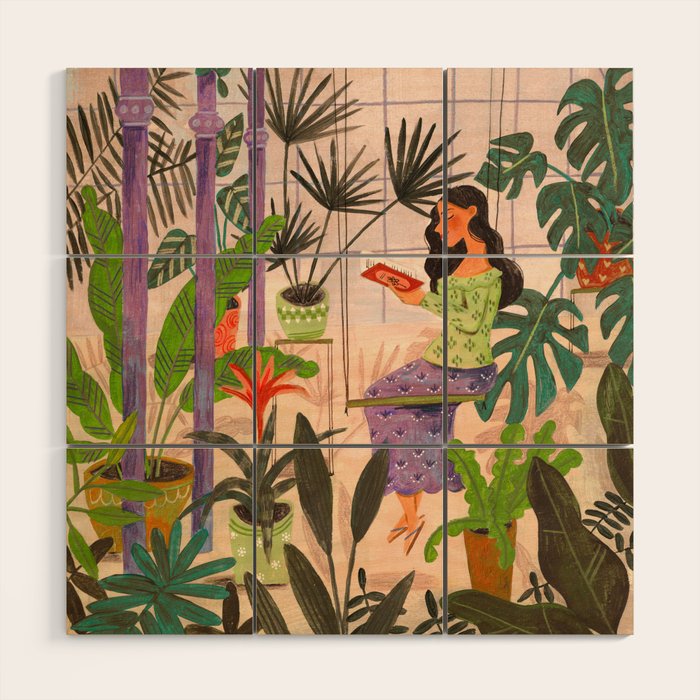Very Peri plant lady mindful gardening greenhouse jungle | Caroline Bonne Muller Wood Wall Art Gallery Image 1