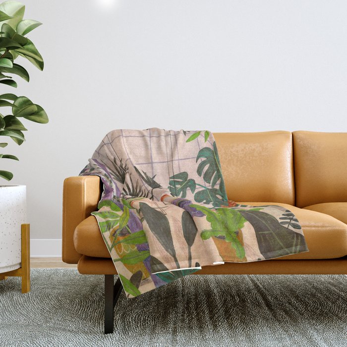 Very Peri plant lady mindful gardening greenhouse jungle | Caroline Bonne Muller Throw Blanket Gallery Image 1
