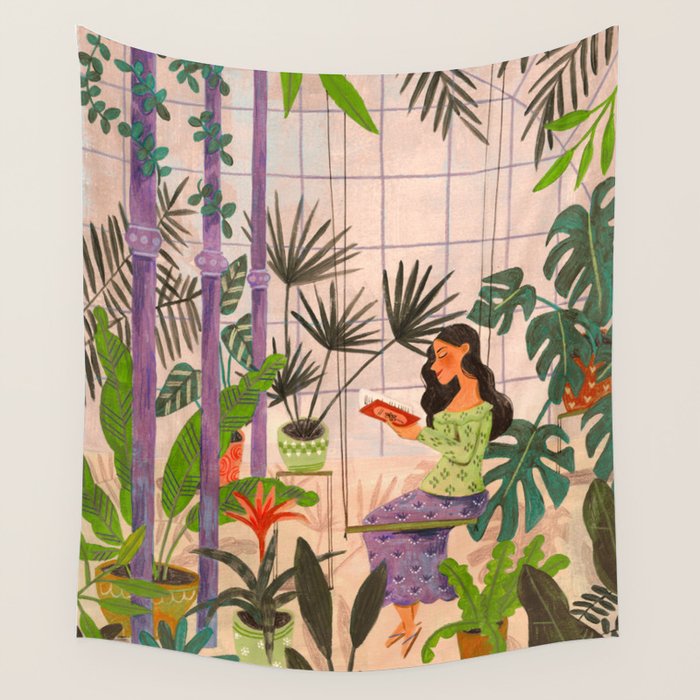 Very Peri plant lady mindful gardening greenhouse jungle | Caroline Bonne Muller Wall Tapestry Gallery Image 1