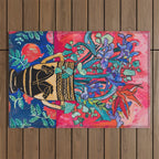 Persephone Painting - Bouquet of Iris and Strelitzia Flowers in Greek Horse Vase Against Coral Pink Outdoor Rug Gallery Image 1