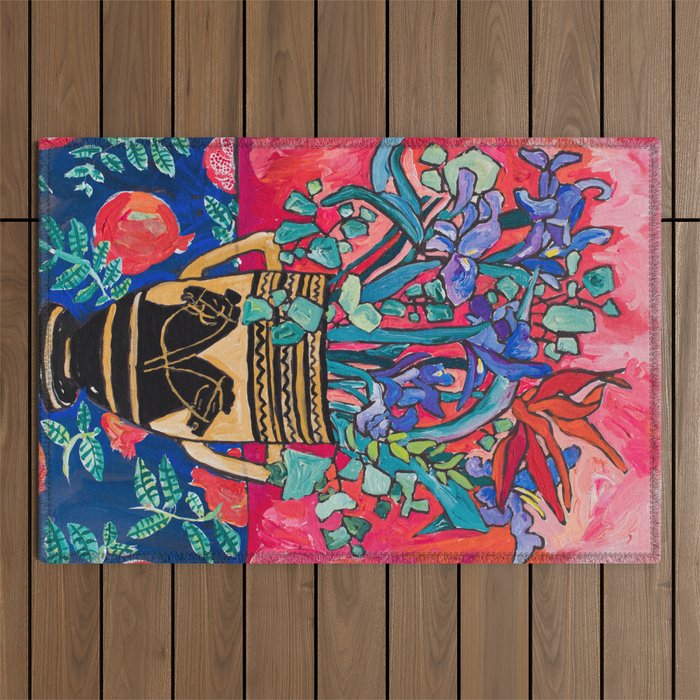 Persephone Painting - Bouquet of Iris and Strelitzia Flowers in Greek Horse Vase Against Coral Pink Outdoor Rug Gallery Image 1