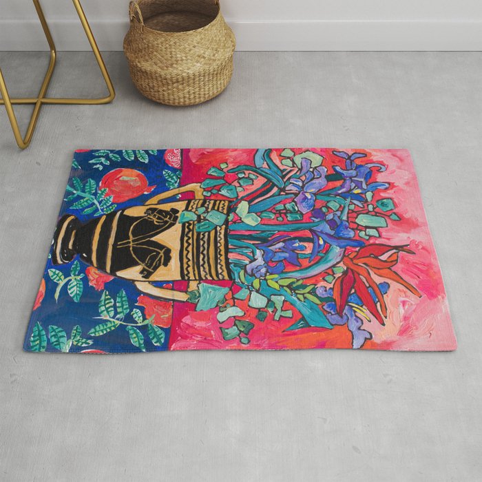Persephone Painting - Bouquet of Iris and Strelitzia Flowers in Greek Horse Vase Against Coral Pink Rug Gallery Image 1