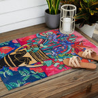 Persephone Painting - Bouquet of Iris and Strelitzia Flowers in Greek Horse Vase Against Coral Pink Outdoor Rug Gallery Image 2