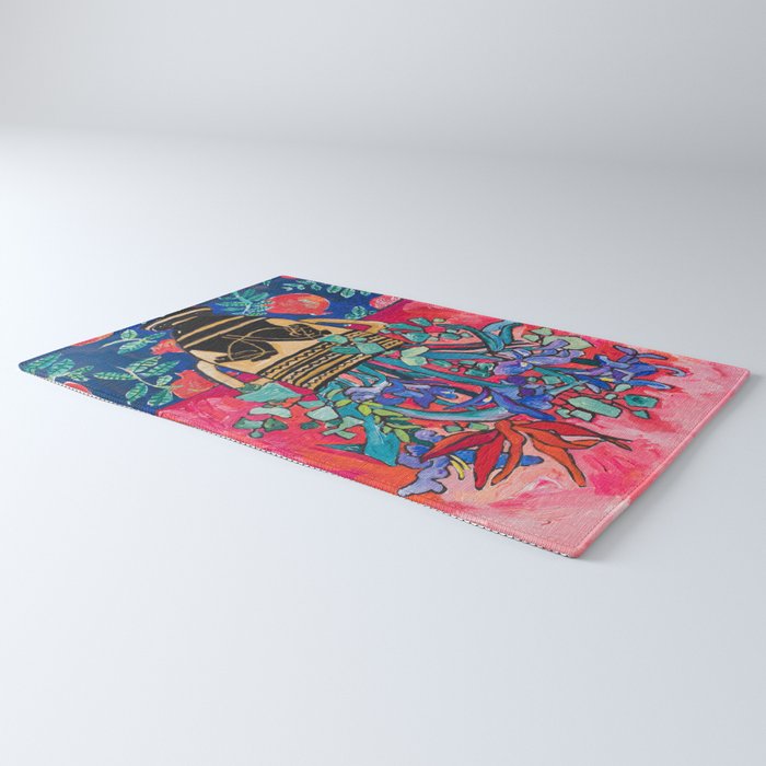 Persephone Painting - Bouquet of Iris and Strelitzia Flowers in Greek Horse Vase Against Coral Pink Rug Gallery Image 3