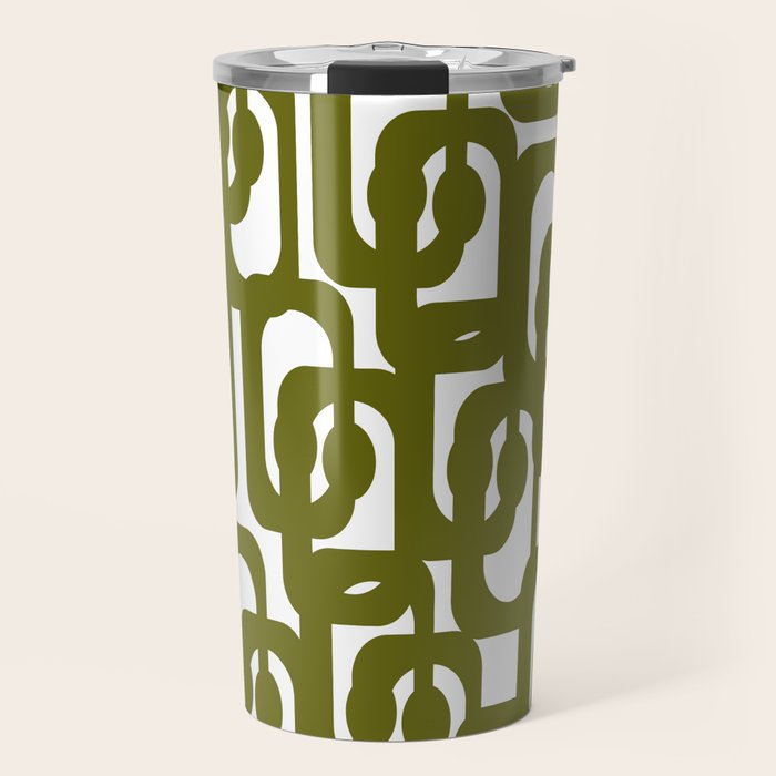 Mid Century Modern Loops Pattern in Deep Olive Green and White Travel Mug Gallery Image 1