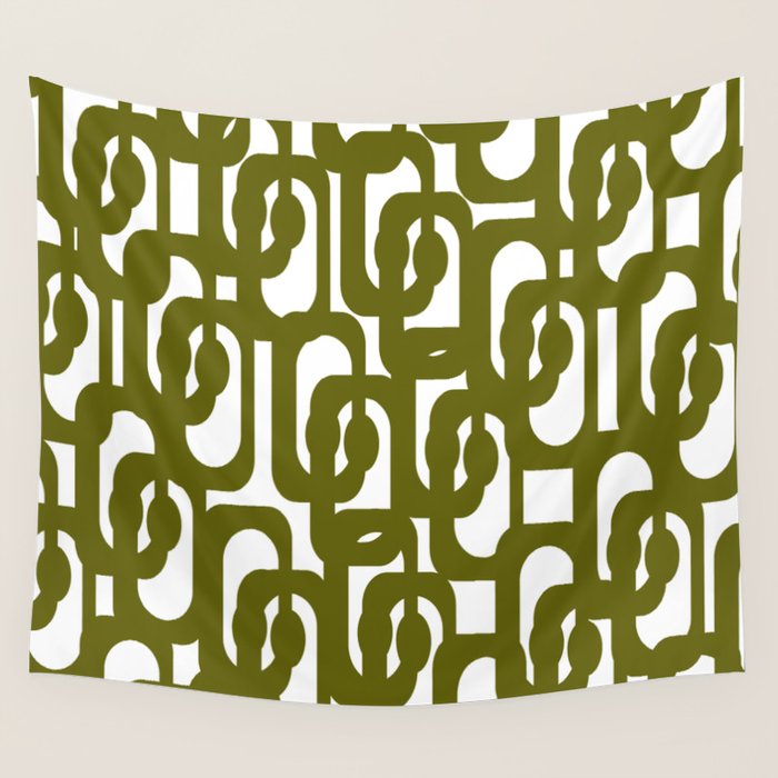 Mid Century Modern Loops Pattern in Deep Olive Green and White Wall Tapestry Gallery Image 1