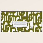 Mid Century Modern Loops Pattern in Deep Olive Green and White Desk Mat Gallery Image 1