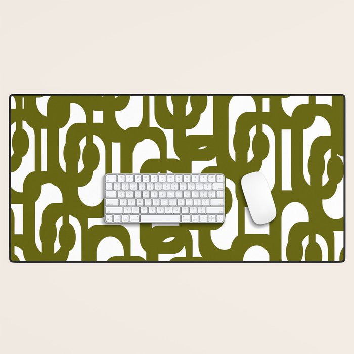 Mid Century Modern Loops Pattern in Deep Olive Green and White Desk Mat Gallery Image 1