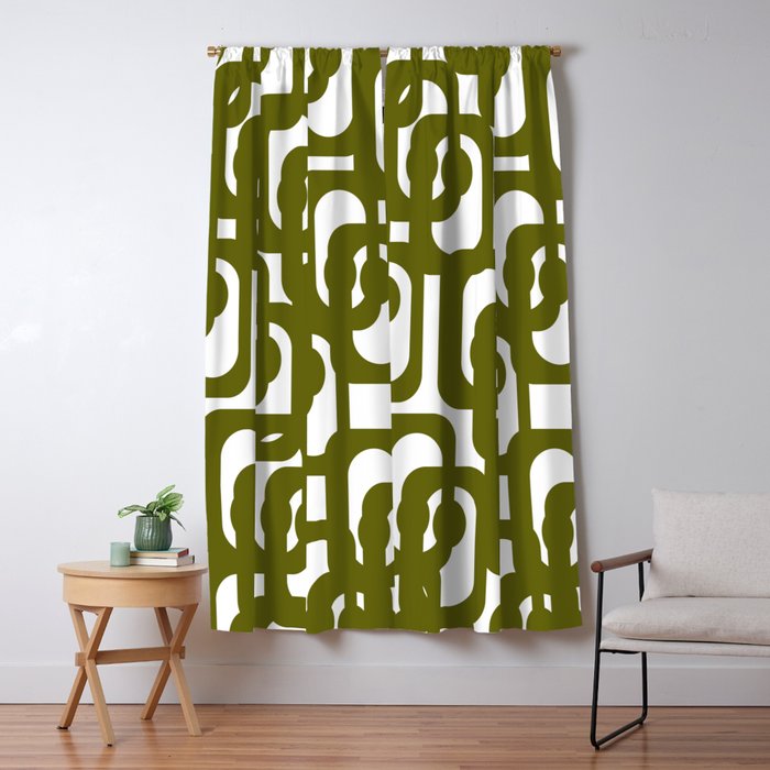Mid Century Modern Loops Pattern in Deep Olive Green and White Window Curtain Gallery Image 5