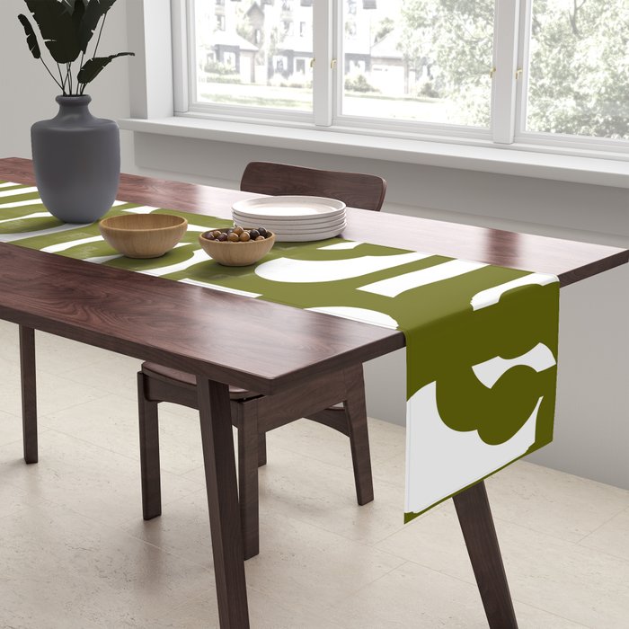 Mid Century Modern Loops Pattern in Deep Olive Green and White Table Runner Gallery Image 2