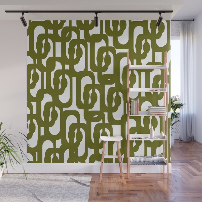 Mid Century Modern Loops Pattern in Deep Olive Green and White Wall Mural Gallery Image 1