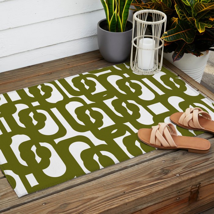 Mid Century Modern Loops Pattern in Deep Olive Green and White Outdoor Rug Gallery Image 2