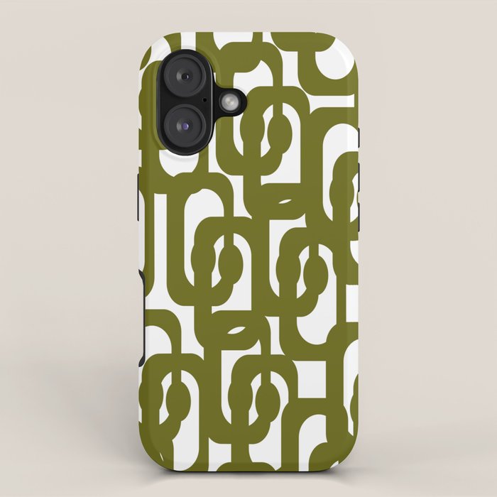 Mid Century Modern Loops Pattern in Deep Olive Green and White iPhone Case Gallery Image 1