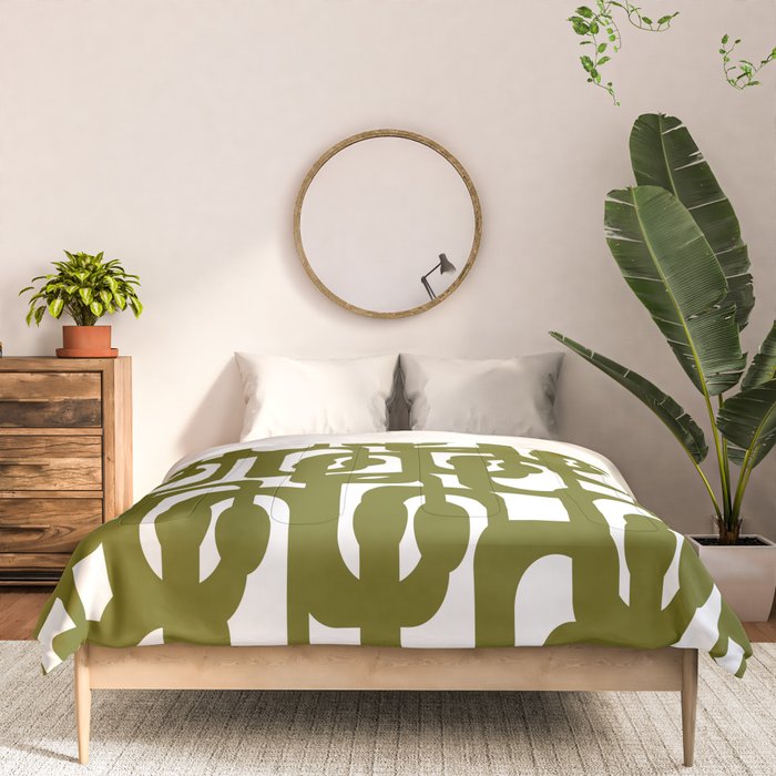 Mid Century Modern Loops Pattern in Deep Olive Green and White Comforter Gallery Image 3