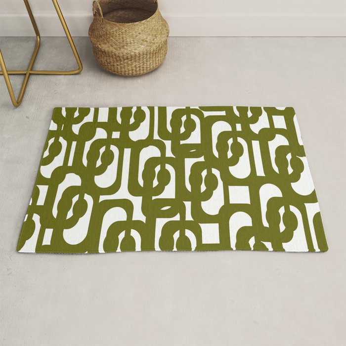 Mid Century Modern Loops Pattern in Deep Olive Green and White Rug Gallery Image 1