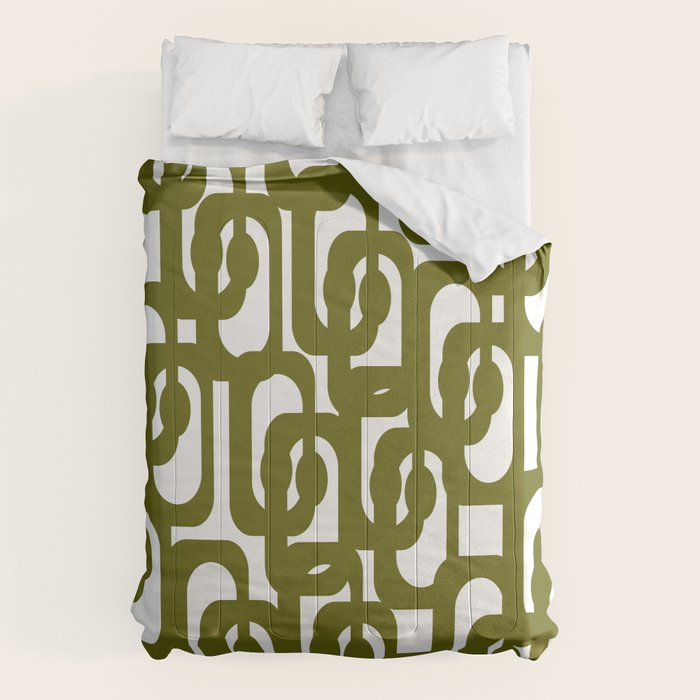 Mid Century Modern Loops Pattern in Deep Olive Green and White Comforter Gallery Image 1
