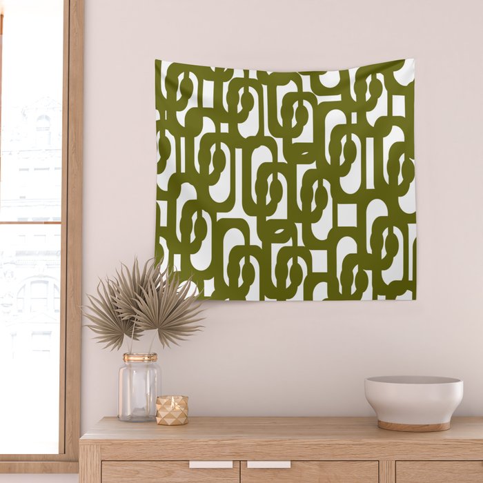 Mid Century Modern Loops Pattern in Deep Olive Green and White Wall Tapestry Gallery Image 2