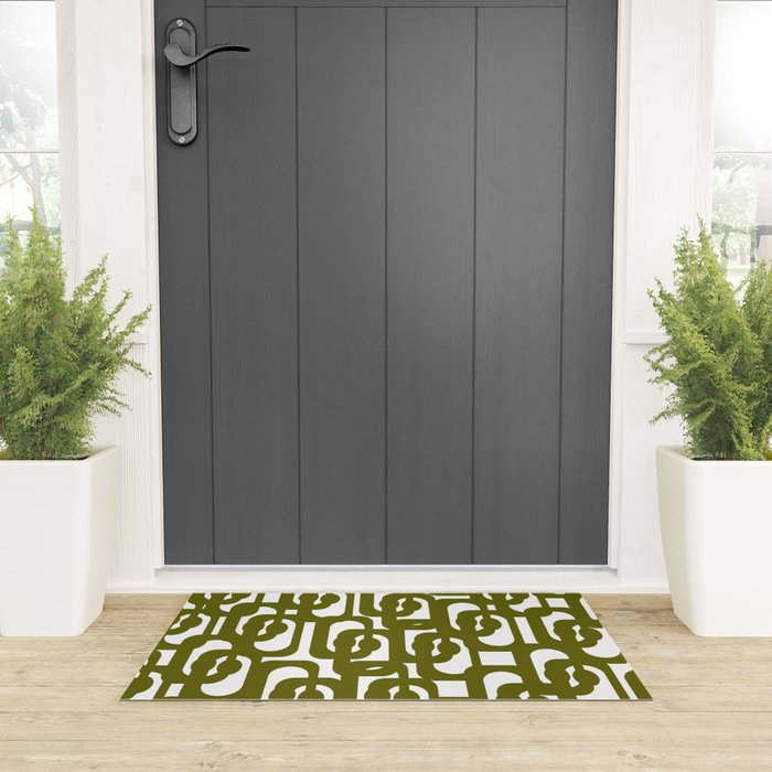 Mid Century Modern Loops Pattern in Deep Olive Green and White Welcome Mat Gallery Image 3