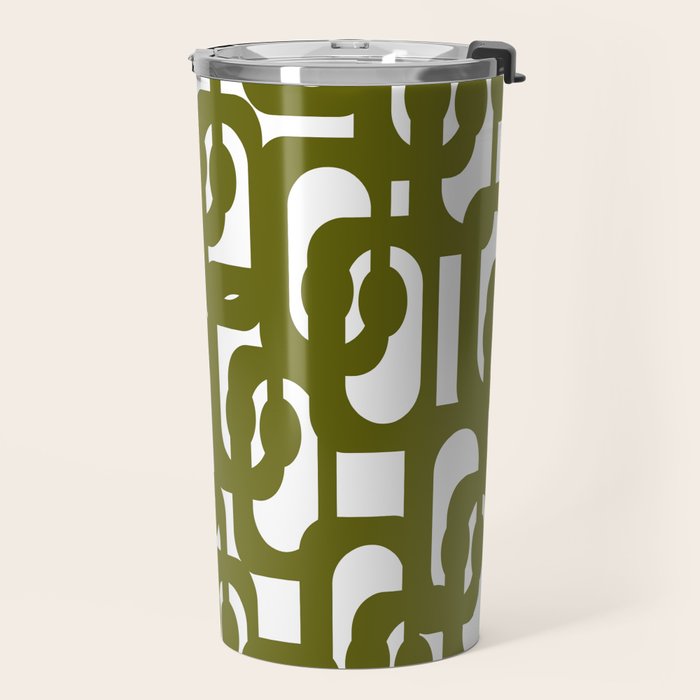 Mid Century Modern Loops Pattern in Deep Olive Green and White Travel Mug Gallery Image 2