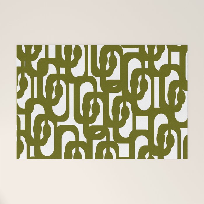 Mid Century Modern Loops Pattern in Deep Olive Green and White Welcome Mat Gallery Image 1
