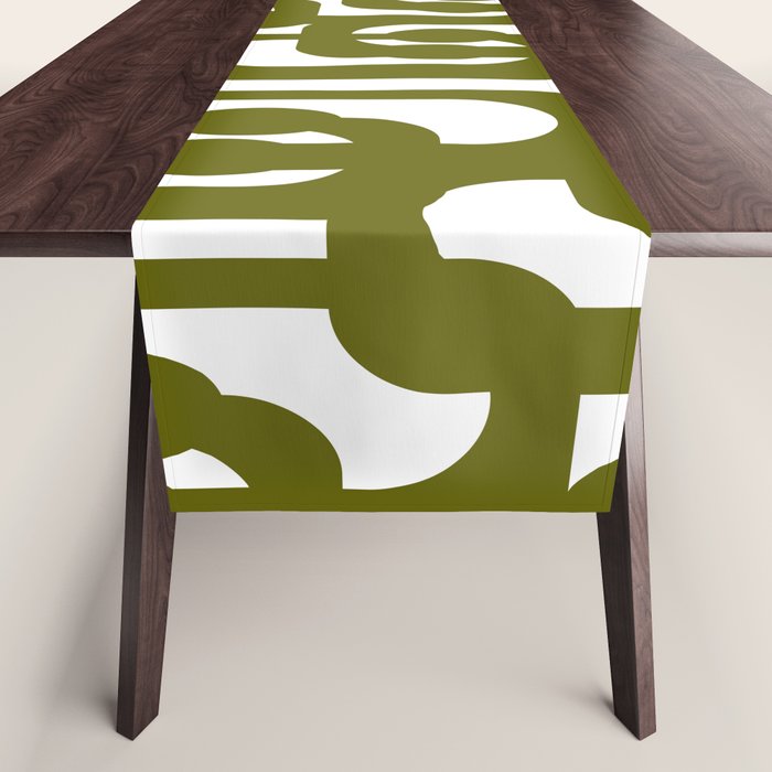 Mid Century Modern Loops Pattern in Deep Olive Green and White Table Runner Gallery Image 1