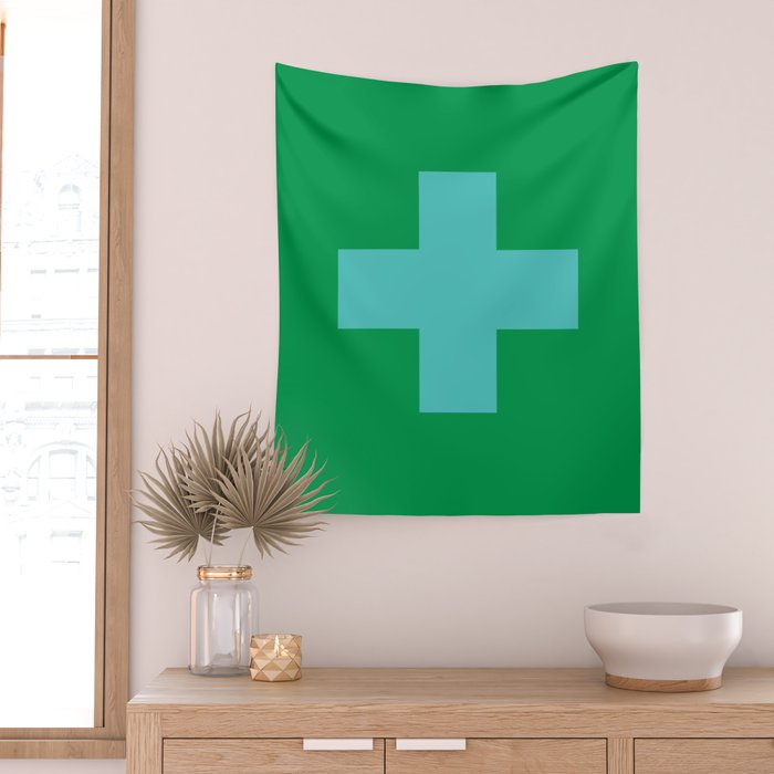 Swiss Cross Symbol in Blue & Green Wall Tapestry Gallery Image 2