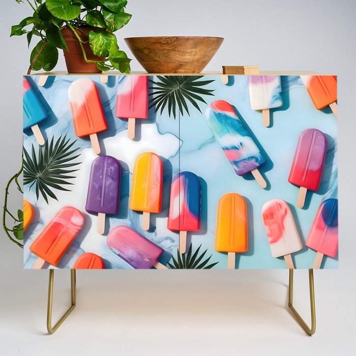 Nothing is Impopsicle. Rainbow Popsicles Fun Colorful Food, Ice Cream Ice Candy Celebration, Tropical Palm Summer Happy Positivity, Joy Cold Eclectic Boho Credenza Gallery Image 1