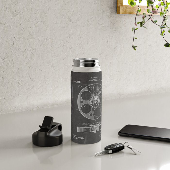 Film Reel Patent - Classic Cinema Art - Black Chalkboard Water Bottle Gallery Image 4