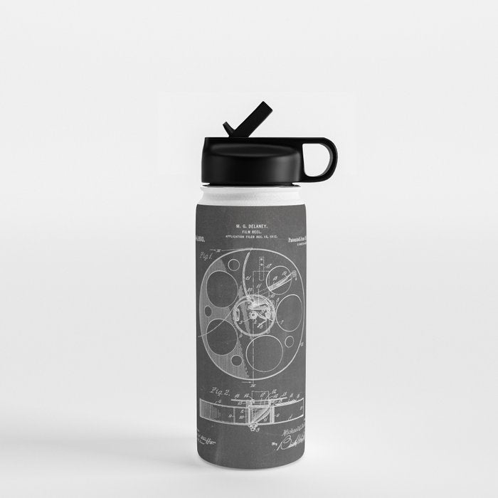 Film Reel Patent - Classic Cinema Art - Black Chalkboard Water Bottle Gallery Image 1