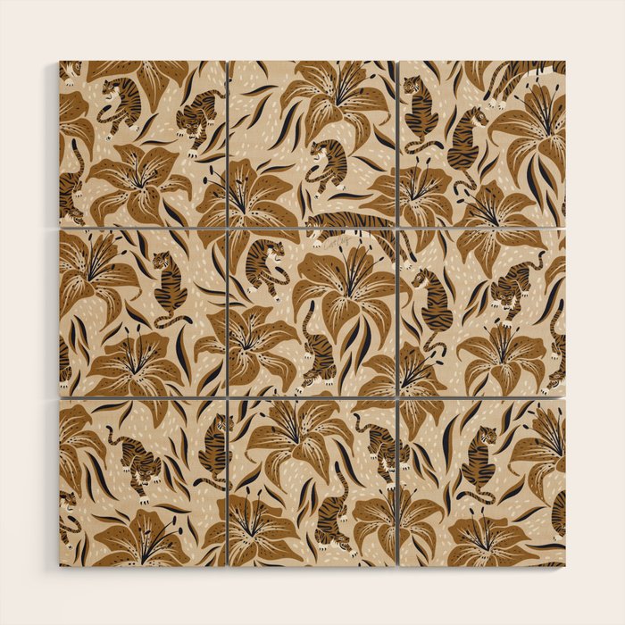 Tigers & Tiger Lilies - Neutral Wood Wall Art Gallery Image 1