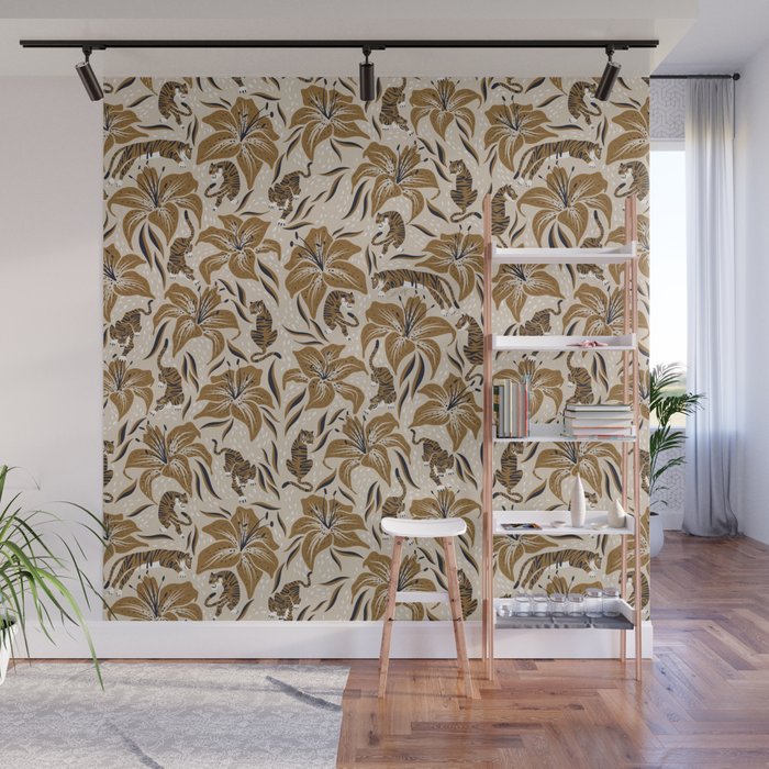 Tigers & Tiger Lilies - Neutral Wall Mural Gallery Image 1