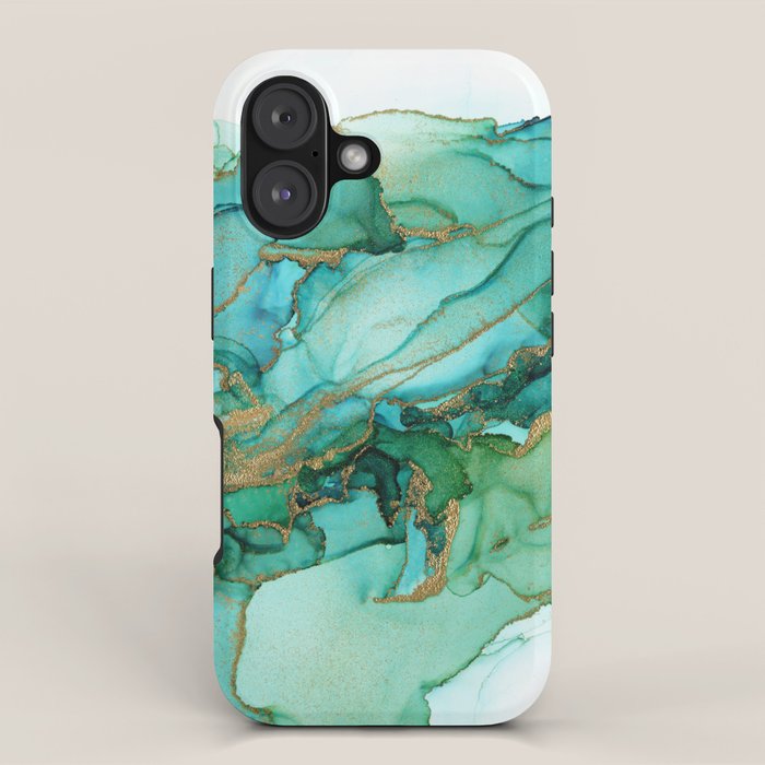 Emerald Gold Waves Abstract Ink iPhone Case Gallery Image 1