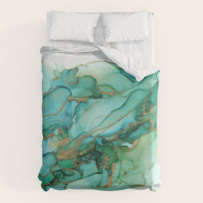 Emerald Gold Waves Abstract Ink Duvet Cover Gallery Image 6